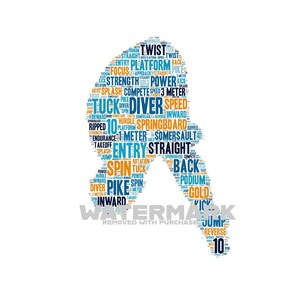 DIRECT digitale download - MANNELIJKE DIVER Word Cloud svg pdf png jpg - woondecoratie - print en lijst - springplank duikplatform