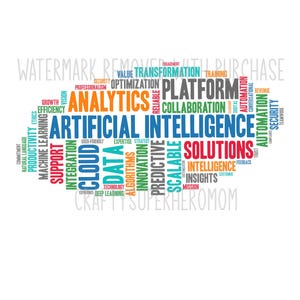 May include: A word cloud graphic with the words "Artificial Intelligence," "Analytics," and "Solutions" in bold. Other related terms like "Platform," "Cloud," and "Data" are also visible. The background is white.