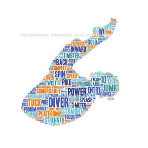 INSTANT Digital Download -  FEMALE DIVER Word Cloud Wordle svg pdf png jpg - Home Decor - Print and Frame - Diving Platform Springboard