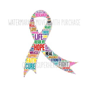 May include: A pink ribbon with the word "HOPE" in the center, surrounded by words like "life", "love", "faith", "strength", "courage", "heal", "cure", "support", "fight", "resolve", "miracle", "awareness", "research", "you got this", "superhero", "confidence", and "you are not alone".