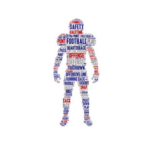Digital FOOTBALL player - word cloud art wordle - makes a great gift - add names / other details - team colors - can be customized