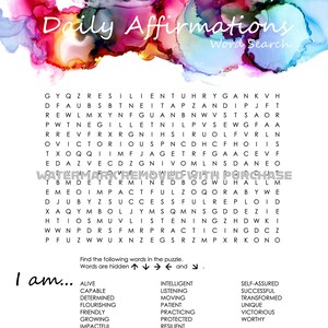 Daily Affirmations 5 - Instant Download WORD SEARCH Find - w/Answer Key - Jpg Pdf Formats - Makes Great Retreat / Womens Night Out Game Gift