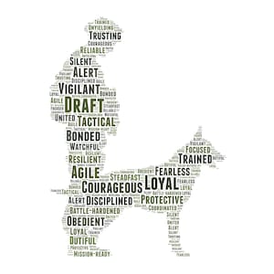 May include: A word cloud image in the shape of a person and a dog. The words describe the qualities of a dog and its owner, including "loyal", "courageous", "alert", and "trained". The image is in shades of green and white.