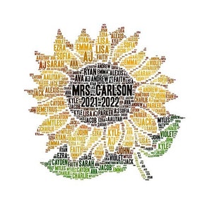May include: A sunflower-shaped word cloud with the names of students and the text "Mrs. Carlson 2021-2022". The word cloud is in shades of yellow, orange, and green.