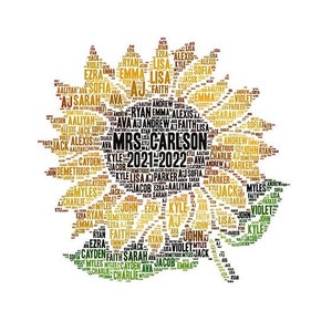 Digital SUNFLOWER flower word cloud art wordle - makes great teacher appreciation classroom gift - add names & school year customize colors