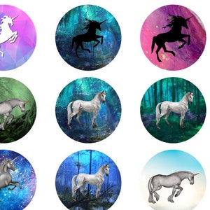 INSTANT DIGITAL DOWNLOAD - Unicorns - Galaxy Nebula Forest Backgrounds - 54 25mm circles for 1&quot; / 1 inch cabochon paper craft bottlecaps