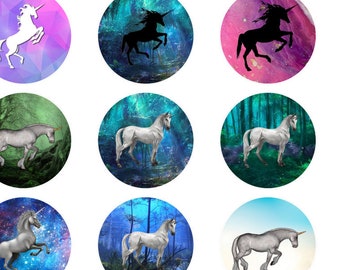 INSTANT DIGITAL DOWNLOAD - Unicorns - Galaxy Nebula Forest Backgrounds - 54 25mm circles for 1" / 1 inch cabochon paper craft bottlecaps