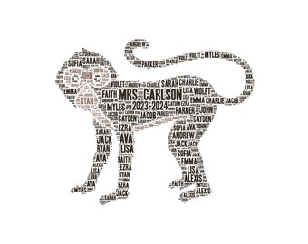 Digital TEACHER inspired word cloud art spider MONKEY makes great gift add names of students - teacher appreciation