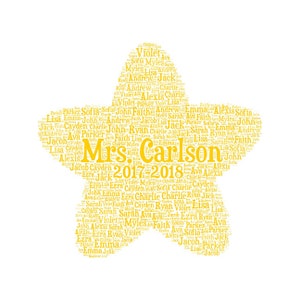 以下が含まれることがあります： 中央に「Mrs. Carlson 2017-2018」というテキストが書かれた、黄色の星型の単語クラウド。単語クラウドは、「Ava」、「John」、「Ryan」、「Charlie」、「Sophia」、「Ezra」、「Jacob」、「Cayden」、「Andrew」、「Faith」、「Myles」、「Lisa」、「Emma」、「Violet」、「Parker」、「Sarah」、「Alexis」などの名前で構成されています。