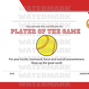 INSTANT DOWNLOAD - Softball Player of the Game Certificate - great tool for coach or team mom - team sports - award