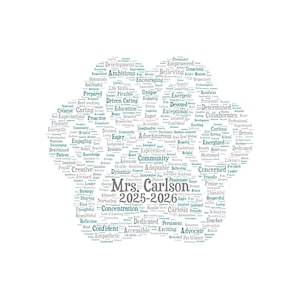 May include: A white word cloud in the shape of a paw print, featuring words like "Community," "Creative," and "Empathetic." The name "Mrs. Carlson" and the years "2025-2026" are centered within the design.