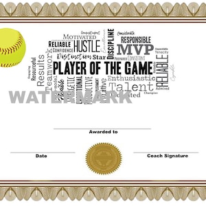 SOFORTIGER DOWNLOAD - Softball Player of the Game Zertifikat - tolles Werkzeug für Trainer oder Team Mama - Mannschaftssport - Auszeichnung