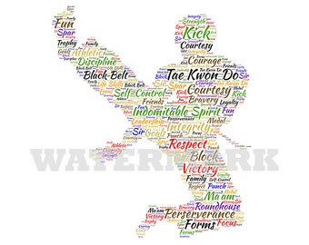 INSTANT Digital Download -  TAEKWONDO - Male Jump Kick Word Cloud Wordle svg pdf png jpg - Home Decor - Print and Frame - Martial Arts Art