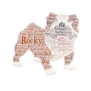 May include: A white silhouette of a dog filled with words like "Rocky", "Love", "Joy", and "Fetch". The dog-shaped word cloud features a brown "Rocky" in the center, with other words in shades of brown and black.