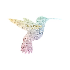 Digital HUMMINGBIRD word cloud art wordle - makes great teacher appreciation classroom gift - add names of kids/school year
