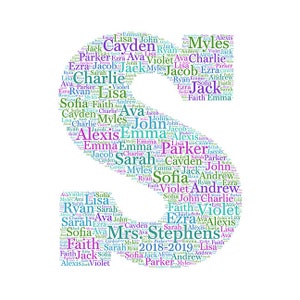 Digital word cloud - Block Monogram Letter S - makes a great gift - add names of kids / school year customize colors - teacher appreciation