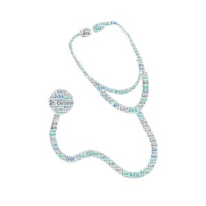 Könnte beinhalten: Eine blaue und grüne Wortwolke in Form eines Stethoskops. Die Wortwolke enthält die Namen John, Ava, Gia, Gage, Lisa, Sofia, Carrie, Lane, Jack, Tristan und Dr. Carlson.