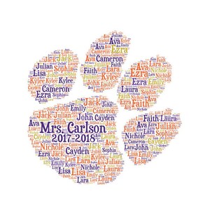 May include: A white paw print design filled with names in various colors. The text "Mrs. Carlson 2017-2018" is in the center. Names include Ava, Jack, Julian, and others, creating a personalized, decorative piece.