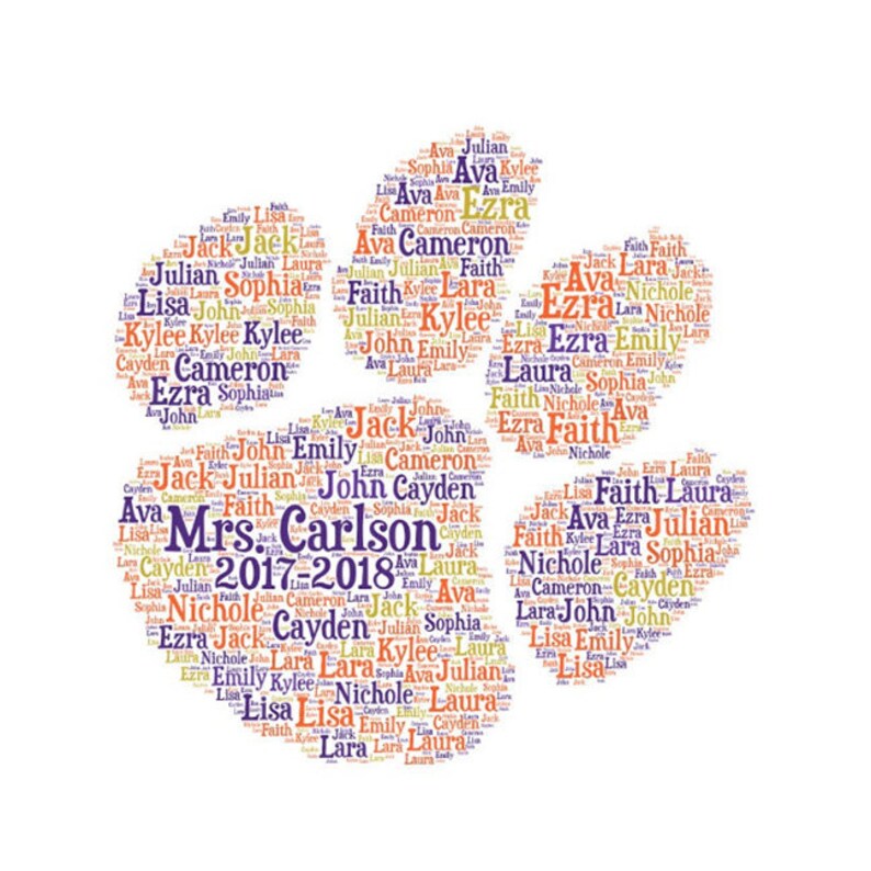 May include: A white paw print design filled with names in various colors. The text "Mrs. Carlson 2017-2018" is in the center. Names include Ava, Jack, Julian, and others, creating a personalized, decorative piece.