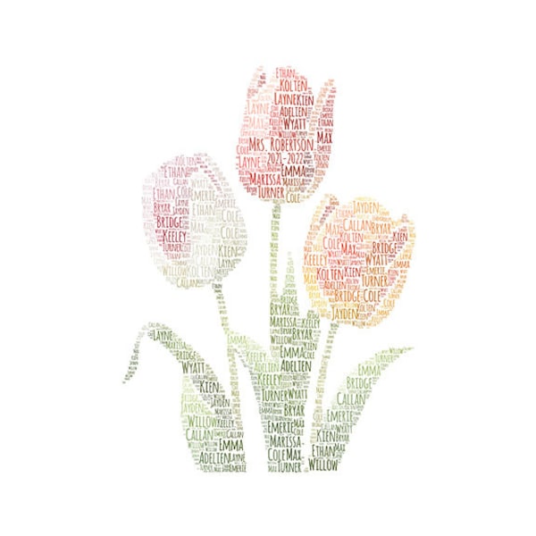 Digital TULIPS multi flower word cloud art wordle - makes great teacher appreciation classroom gift - Mother's Day - wall art