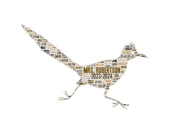 Digital ROADRUNNER BIRD word cloud art wordle - makes great teacher appreciation gift - add names of kids - home decor