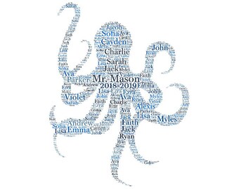 Digital OCTOPUS word cloud art wordle makes great teacher appreciation classroom gift - add names of kids / customize colors
