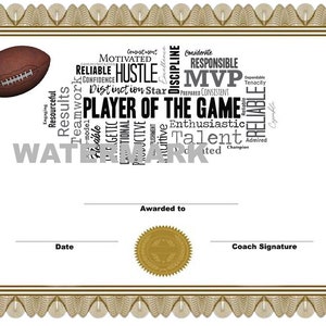 INSTANT DOWNLOAD - Football Player of the Game Certificate - great tool for coach or team mom - team sports - award