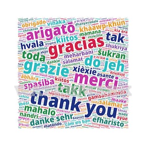 May include: A colorful word cloud with the word "thank you" in the center. The word cloud is made up of words for "thank you" in different languages, including "gracias", "merci", "grazie", "spasibo", "ありがとう", "dankie", "tak", "hvala", "chockrane", "matondo", "salamat", "efharisto", "sukran", "do jeh", "maama", "abhar", "ayue", "maake", "tanemmirt", "barakallahu fiik", "xiexie", "cam on ban", "a ni kié", "meharbani", "khawp", "khung", "and more. The word cloud is a great way to say "thank you" in many different languages.