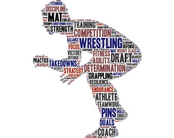 Digital MALE WRESTLER wrestling word cloud art wordle - makes great coach appreciation or athlete gift - customize colors - home decor