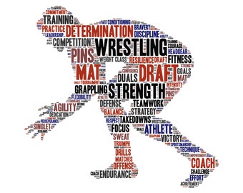 Digital MALE WRESTLER wrestling word cloud art wordle - makes great coach appreciation or athlete gift - customize colors - home decor