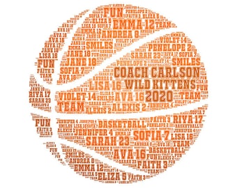 Digital BASKETBALL Team or Coach or Player Gift - word cloud art wordle - makes great gift add names of kids / team name and other words