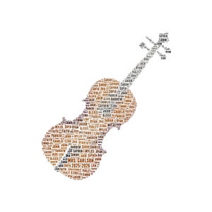 May include: A violin-shaped graphic composed of names in various fonts and sizes. The names include Sarah, Jacob, and Alexis. The violin is brown and the background is white.
