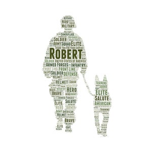 May include: A green word cloud in the shape of a soldier and a dog. The word cloud includes words like "hero", "soldier", "army", "elite", "front line", "defense", "brave", "salute", "infantry", "training", "camouflage", "helmet", "squad", and "united states of america". The soldier is holding a leash and the dog is walking beside him. The word "Robert" is prominently displayed in the center of the soldier's torso.