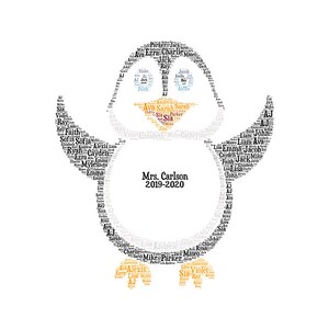 Digital PENGUIN word cloud art - great teacher appreciation gift - add names of students and other details