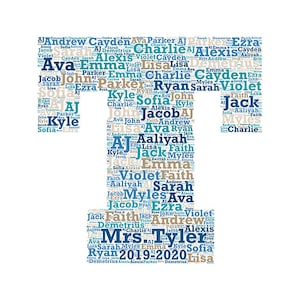 Digital word cloud - Block Monogram Letter T - makes a great gift - add names of kids / school year customize colors - teacher appreciation