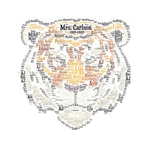May include: A brown bear-shaped word cloud with the names of children and the text "Mrs. Carlson 2019-2020".