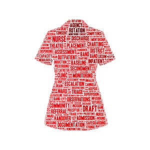 Könnte beinhalten: Eine rot-weiße Wortwolke in Form einer Krankenschwesteruniform. Die Wörter beziehen sich auf medizinische und pflegerische Terminologie, darunter "Krankenschwester", "Klinik", "Entlassung" und "Beurteilung".