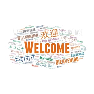 May include: A graphic of the word "WELCOME" in large orange letters, surrounded by the word "welcome" in many different languages. The words are arranged in a cloud shape against a white background.