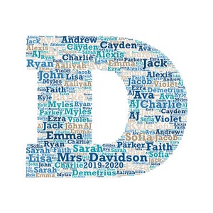 Digital word cloud - Block Monogram Letter D - makes a great gift - add names of kids / school year customize colors - teacher appreciation
