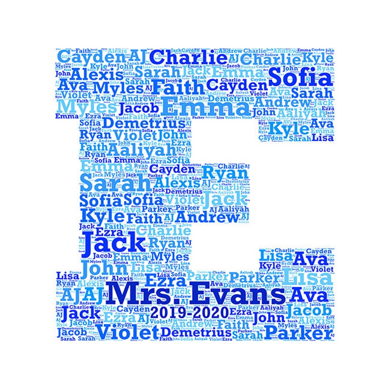 Digital word cloud Block Monogram Letter E add names of kids school year customize colors teacher appreciation makes a great gift