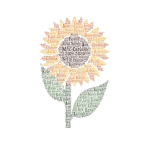 Digital SUNFLOWER flower word cloud art wordle - makes great teacher appreciation classroom gift - add names & school year customize colors