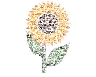 Digital SUNFLOWER flower word cloud art wordle - makes great teacher appreciation classroom gift - add names & school year customize colors