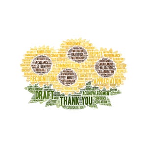 May include: A word cloud graphic in shades of yellow, green, and white, featuring words like "Thank You," "Appreciation," and "Recognition." The design is shaped like a crown, with the words arranged to create a visually appealing composition.