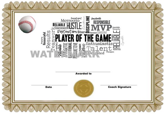 INSTANT DOWNLOAD - Baseball Player of the Game Certificate - great tool for  coach or team mom - team sports - award