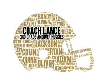 Digital FOOTBALL helmet - Team or Coach Player Gift - word cloud art wordle - makes great gift add names of kids / team name and other words