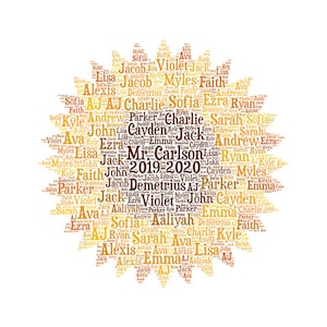 May include: A word cloud in the shape of a sunflower with the names of children, including "Mr. Carlson", "2019-2020", "Sophia", "Charlie", "Emma", "Violet", "Andrew", "Jack", "Ryan", "Cayden", "Aaliyah", "Faith", "John", "Demetrius", "Alexis", "Parker", "Ava", "Kyle", "Lisa", "Ezra", "Sarah", "AJ". The word cloud is in shades of yellow and orange.