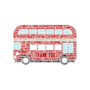 May include: A bus-shaped design made of words including "thank you," "kind," and "energetic." The words are in different colours, with "THANK YOU" in bold red. The design is on a white background, ideal for educational or appreciation purposes.