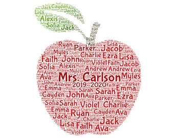 Digital APPLE word cloud art wordle - makes a great teacher appreciation gift - add names of kids and school year - customize colors