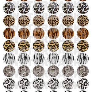 May include: Set of 48 round stickers featuring various animal print patterns, including giraffe, leopard, tiger, zebra, snake, and cow print. The stickers are white with black outlines and are perfect for adding a touch of animal print to your crafts, projects, or gifts.