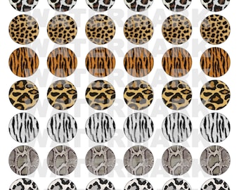 INSTANT DOWNLOAD - Various Animal Print - Fifty Four (54) total 25mm circles for 1&quot; / 1 inch cabochon projects paper craft bottlecaps
